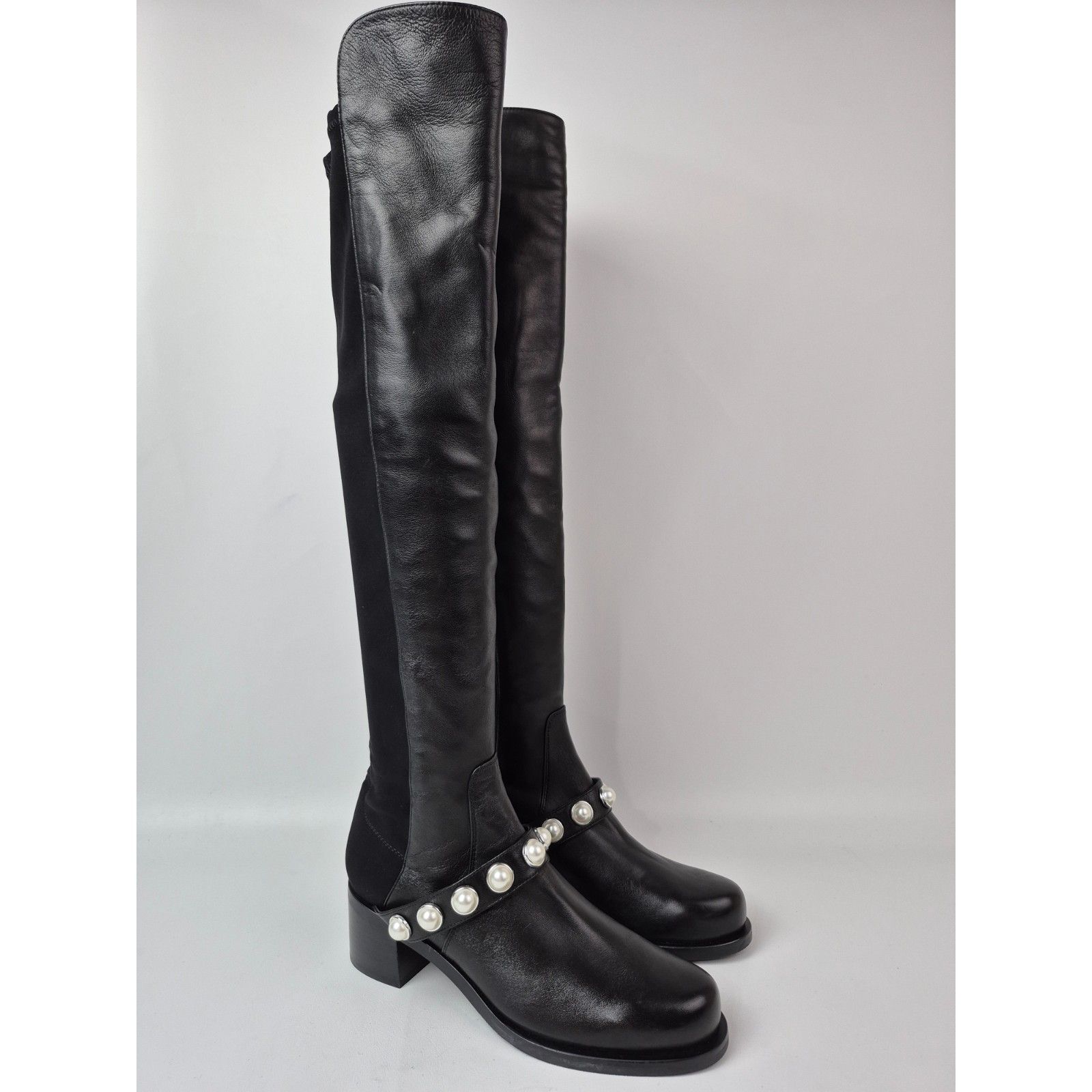 Stuart Weitzman Women's Black Portia 5050 Studded Pearl Boots Size 7.5